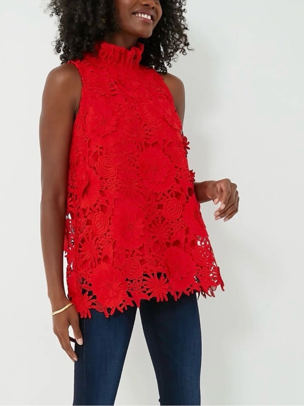 Tuckernuck Mason Red Floral Lace Sleeveless Mock Neck Top